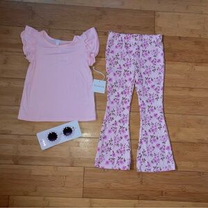 NWT Girls Size 7 Pink Outfit - Flutter Sleeve Top Shirt & Flower Flare Pants Set